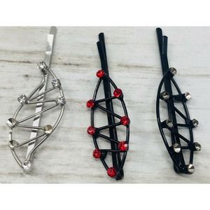 Hair Bobby Pins Clips Rhinestones Crystals Clear Red and Black Silver Set of 3
